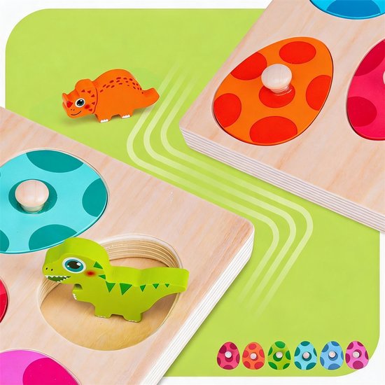 Montessori Knoppuzzel - Houten Puzzel Kinderen - 6 Vrolijke Kleuren - Puzzelstukken met Knop - Kleuren, Vormen en Dieren Leren - Oefent Fijne Motoriek - Voor Peuters van 12-36 Maanden van AKKEE — afbeelding 2