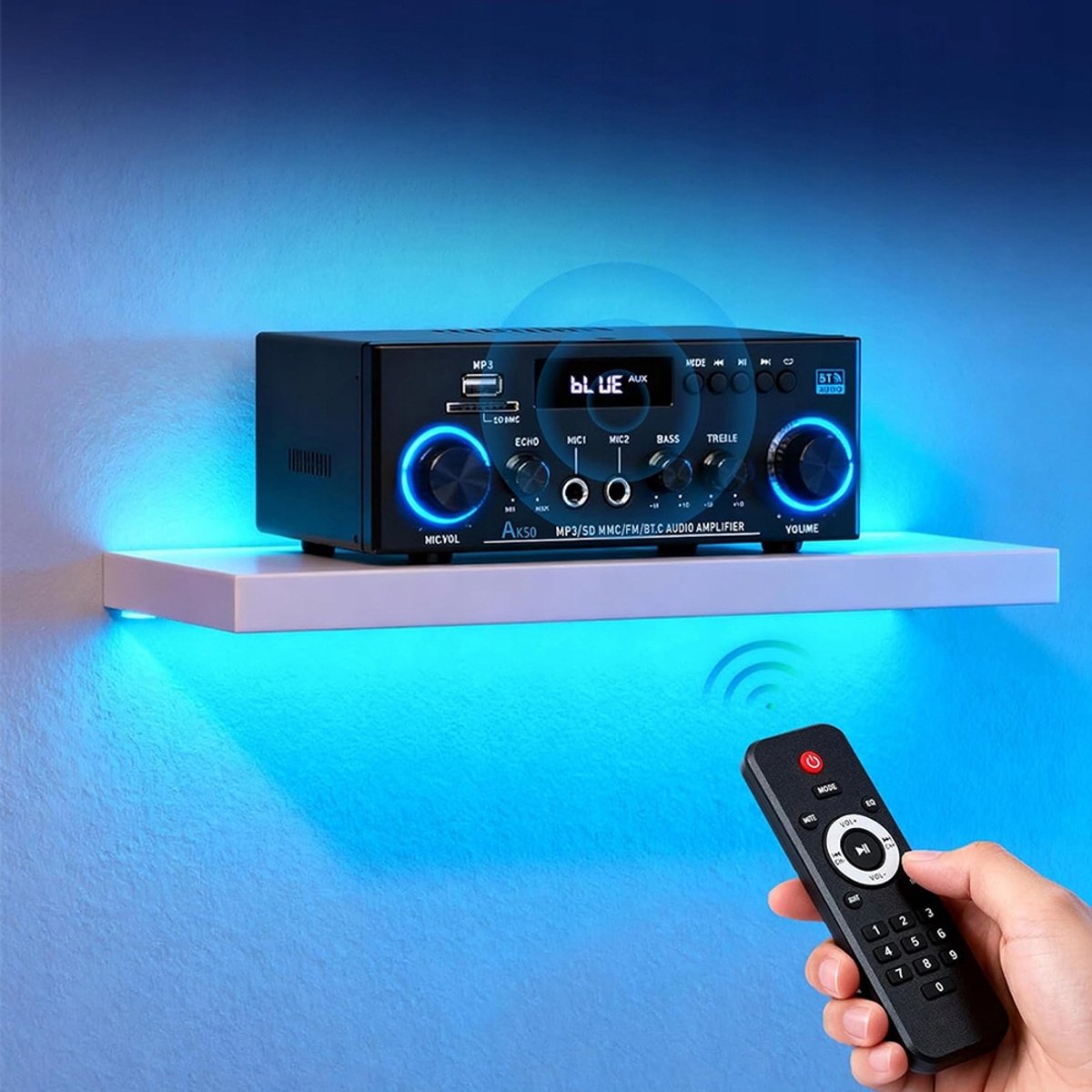 Bluetooth Versterker - HiFi Stereo Versterker - Mini Audioversterker - 2.0 Kanaals - 50W+50W - USB/SD - FM Radio - Microfooningang - Afstandsbediening - Bas & Treble Instelbaar - Voor Karaoke & Home Cinema thumbnail 6