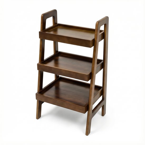 Bruin houten ladderrek met 3 niveaus, op witte achtergrond.