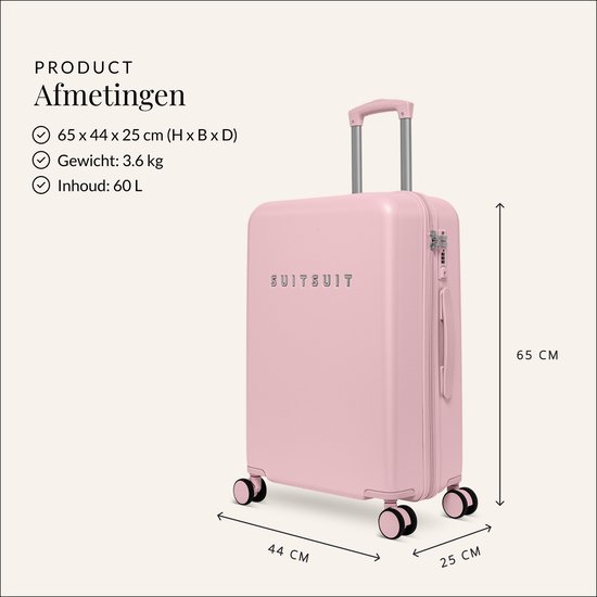Roze SUITSUIT koffer (65 x 44 x 25 cm) met afmetingen aangegeven.