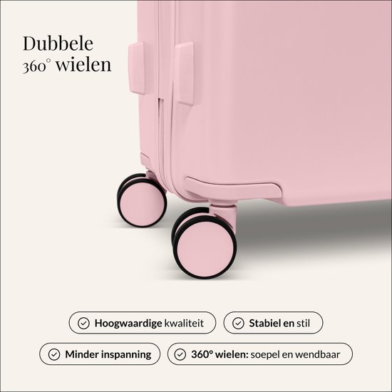 Detail van roze SUITSUIT koffer met dubbele 360° wielen.