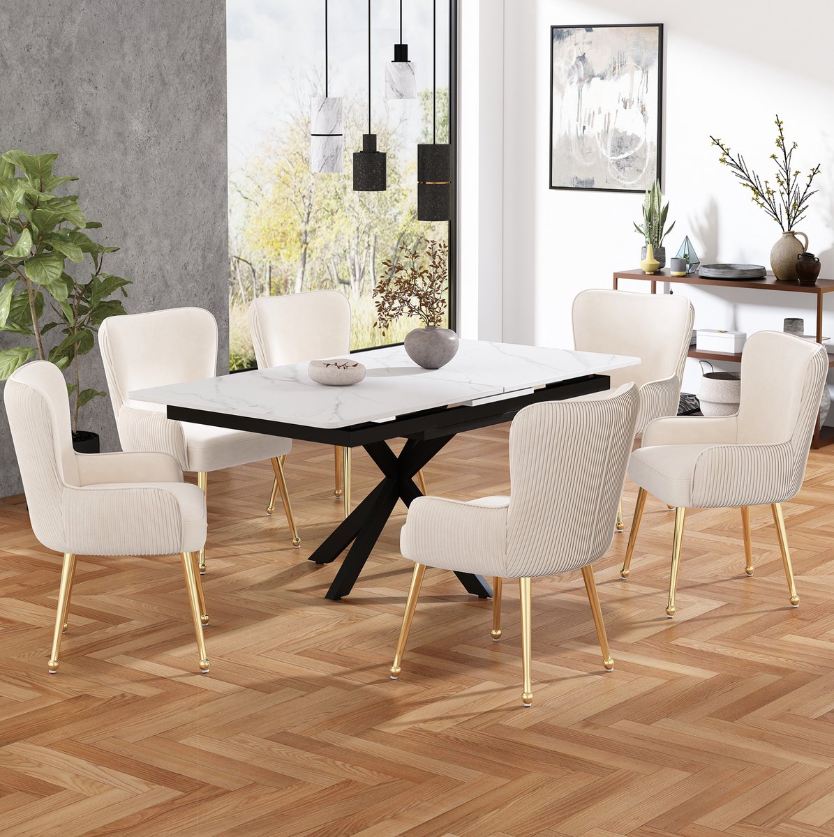 Wishdor Eetkamerstoel set van 6 - Met armleuning en lendensteun - Verstelbare voetdoppen - Design - Eetkamer woonkamer lounge - Velvet metaal - Beige goud - 57 x 53 x 83 cm