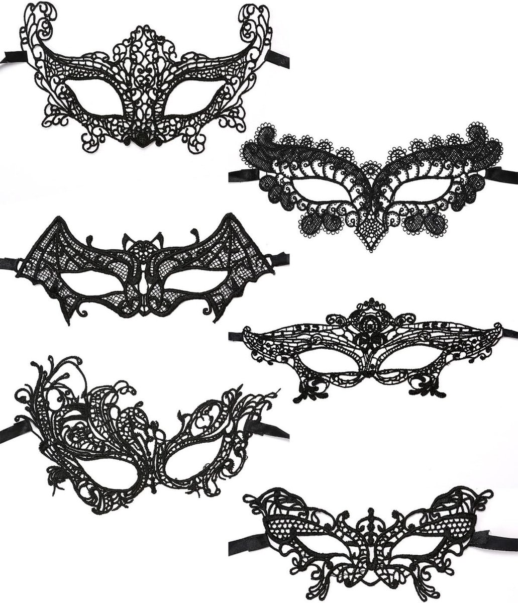 6 Stuks Venetiaanse Maskers voor Carnaval, Kostuumfeest en Gemaskerde Bals, Zwart Kanten Oogmasker voor Dames
