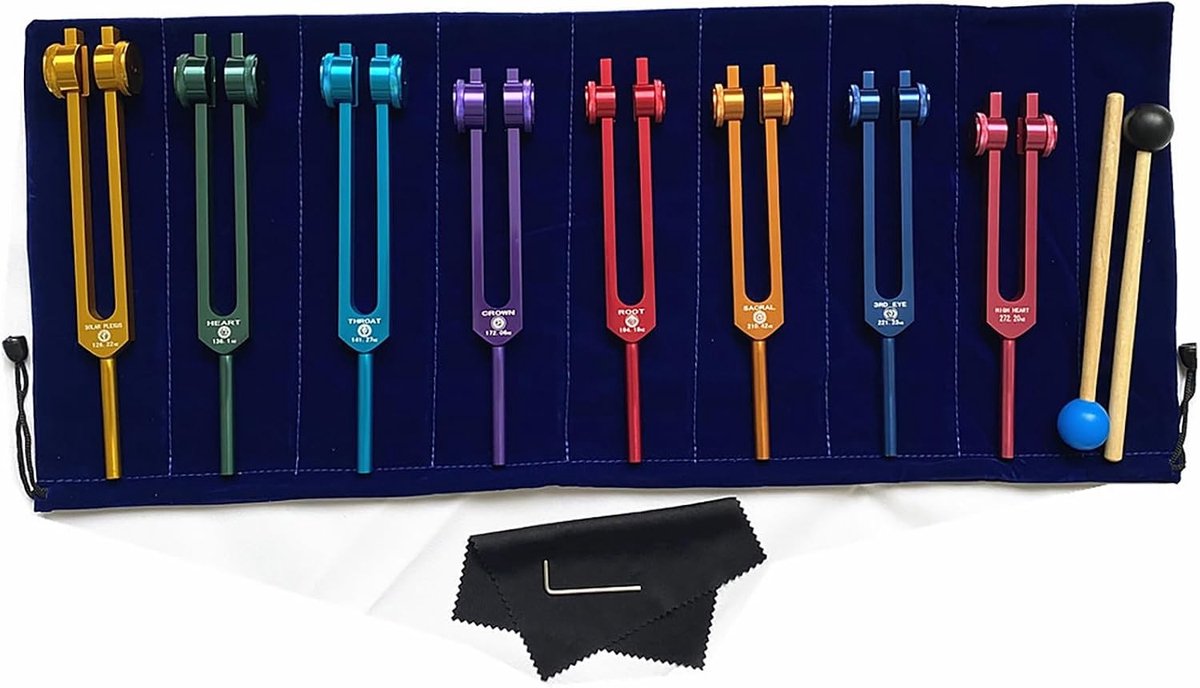 Therapeutische Diapasons Set van 8 voor Klanktherapie, Chakra Balancering en Vibrationele Healing met Silicone Hamers en Tas