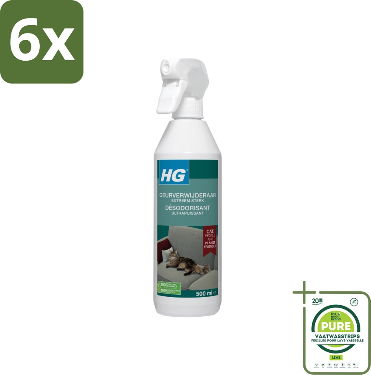 HG - Geurverwijderaar - Extreem Sterk - Tegen Kattengeuren - 100% Biologisch - 500 ml - Voordeelverpakking - 6 stuks - Kattengeur - Geurverwijderaar