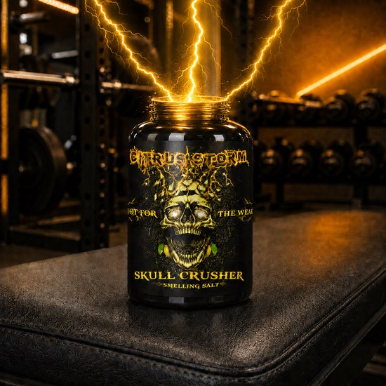 Zwarte "Skull Crusher" "Citrus Storm" "Smelling Salt" pot met gouden schedel en blikseminslag. "Not for the weak".