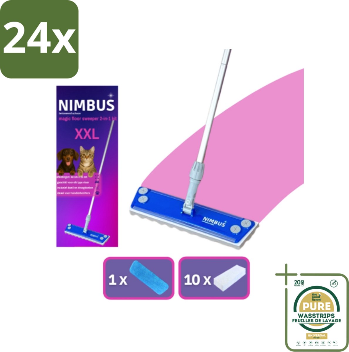 NIMBUS Magic Floor Sweeper XXL 2-in-1 Kit 1 Dweil + 10 Droge Vloerdoekjes 1 set - Voordeelverpakking - 24 stuks - Droog reinigen - Vochtig reinigen