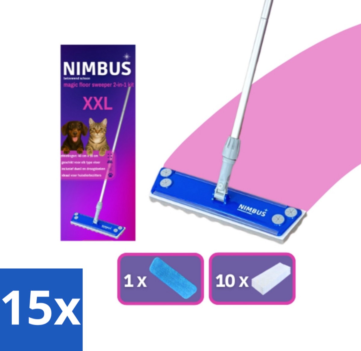 NIMBUS Magic Floor Sweeper XXL 2-in-1 Kit 1 Dweil + 10 Droge Vloerdoekjes 1 set - Bulkverpakking - 15 stuks