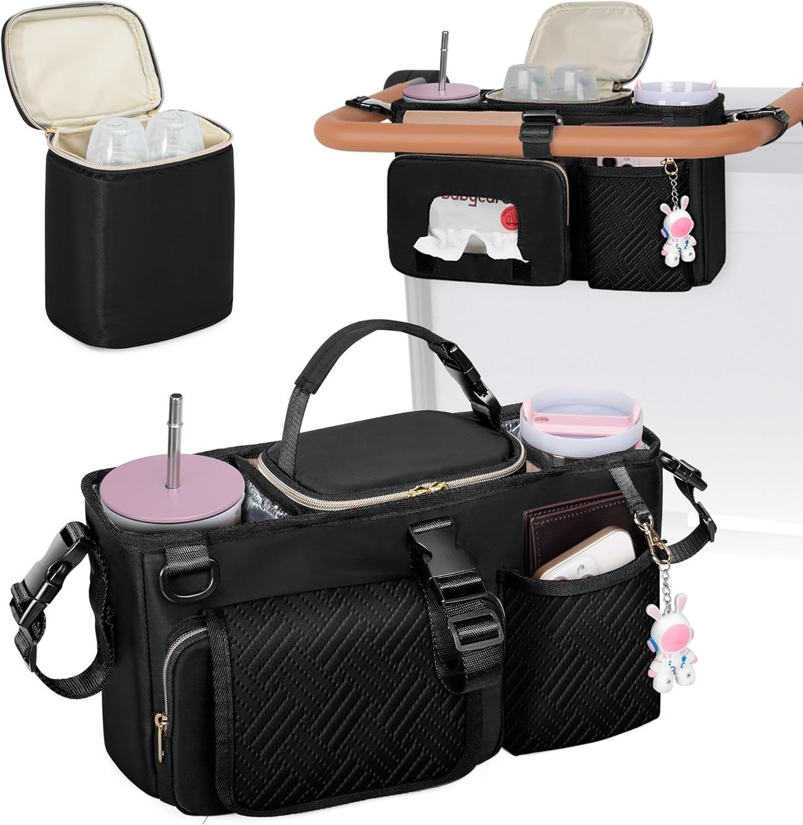 Stroller Organizer voor Kinderwagens met 2 Geïsoleerde Bekerhouders en Afneembare Koeltas, Zwart, Ideaal voor Ouders en Wandelaars