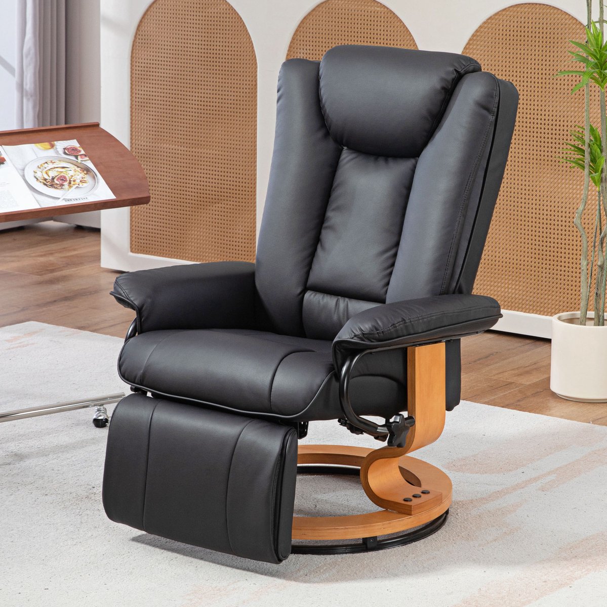 REDOM - Relaxfauteuil - Handmatig verstelbare rugleuning tot 135° - 360° draaibaar met voetsteun - Hoge rugleuning - Woonkamer - Kunstleer - Zwart - 78 x 88 x 103 cm