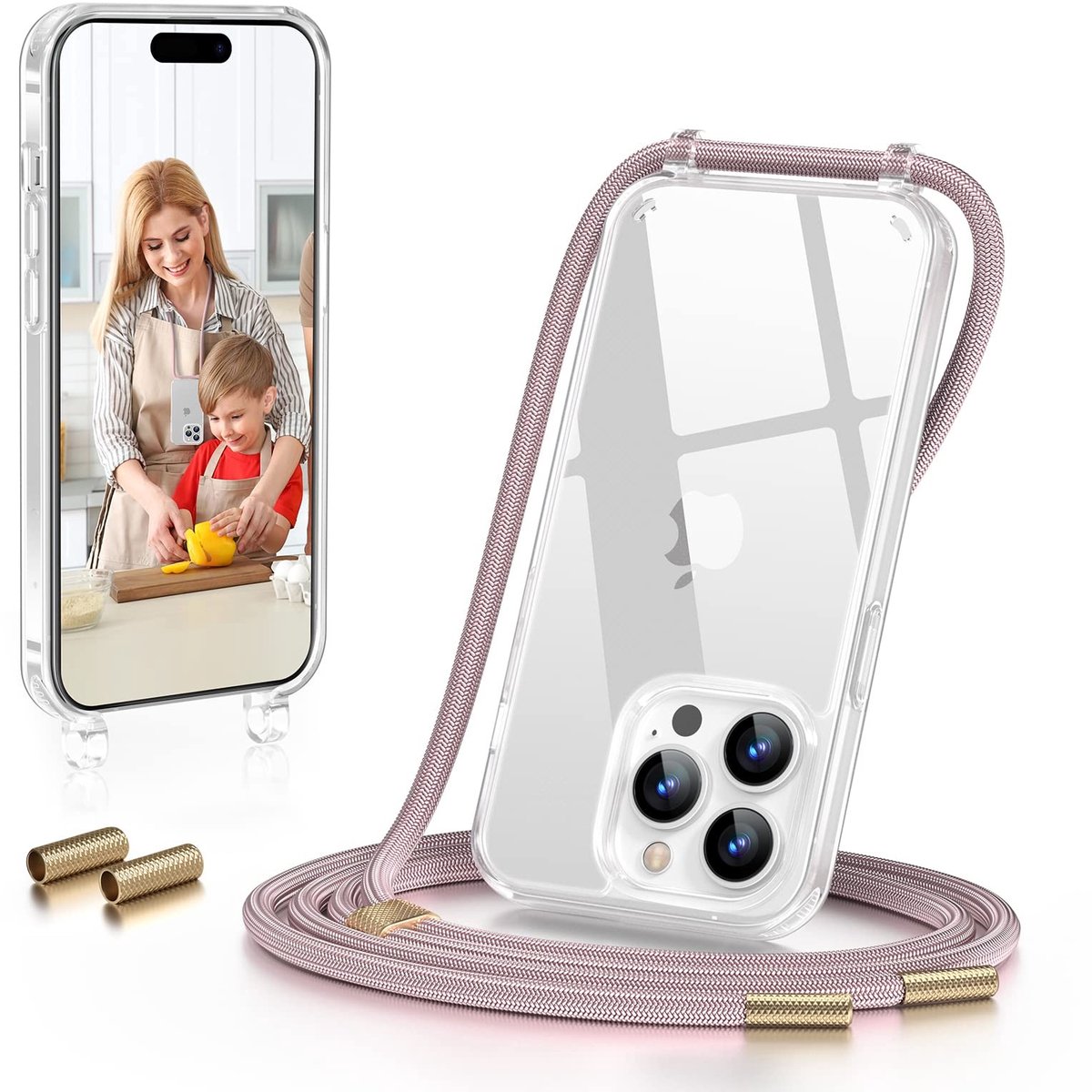 Elzusha - Mobiele Telefoon Chain Hoes voor iPhone 14 Pro, Transparante Case met Koord