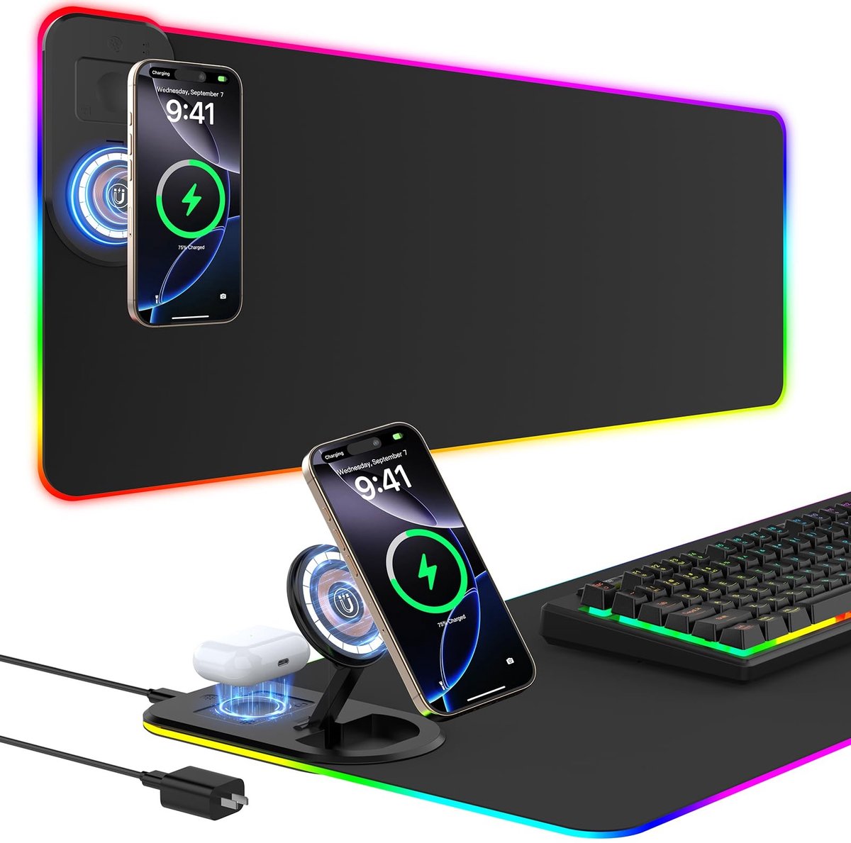 Elzusha - RGB Gaming Muismat met 15W Qi Draadloos Opladen - 10 Verlichtingsmodi
