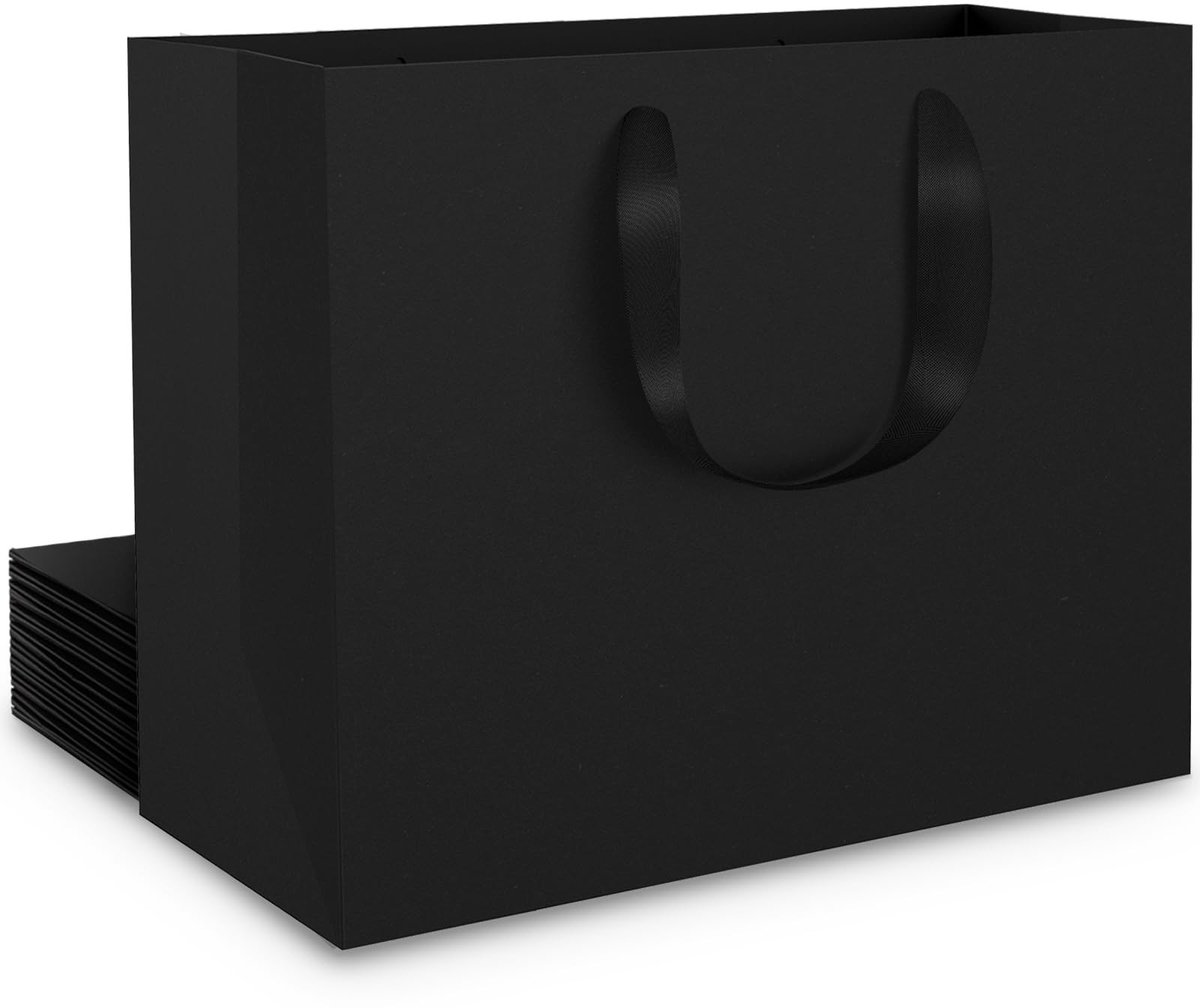Elzusha - 10 Stuks Zwarte Papierzakken - 27x8x21cm van 250g/m² met Handvatten