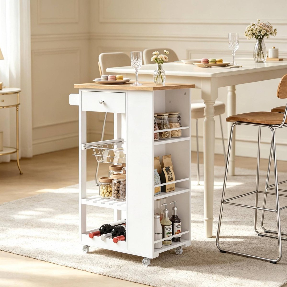 Keukenwagen - Mobiele Serveerwagen Met Wijnrek En Lade - Met Wielen Voor Keuken En Woonkamer - Bamboe Look En Wit - 56,5x37x87 Cm