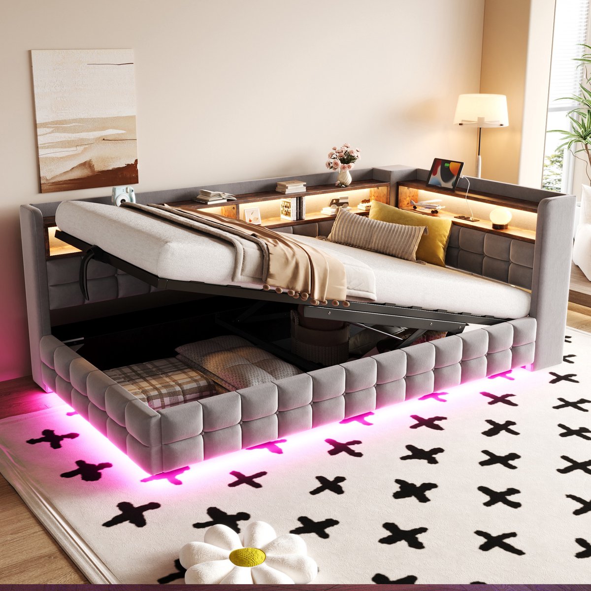 COVREO Slaapbank 90x200 cm lichtgrijs stof, met opbergruimte en LED Hellgrijs