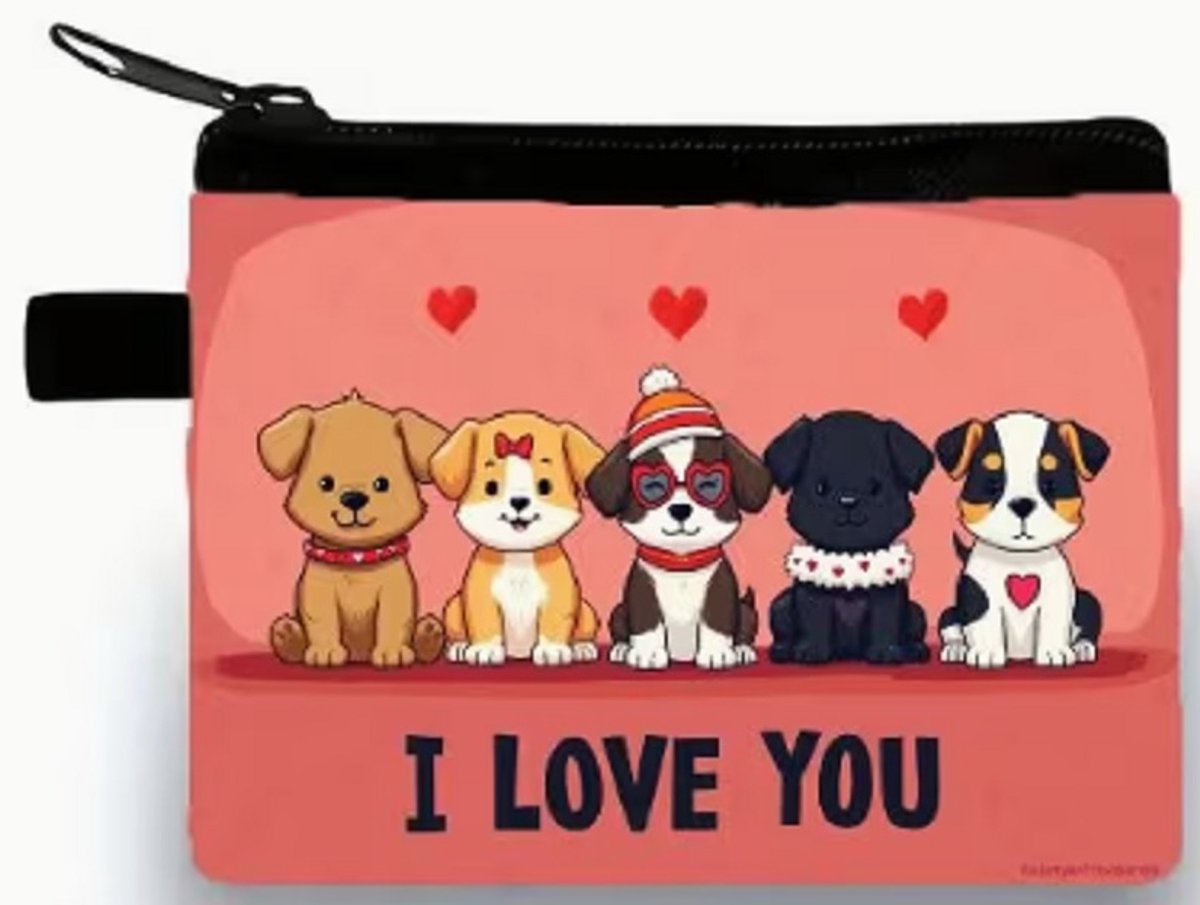 Gemakkelijk om erbij te hebben, dit handige rits portemonneetje 10x14cm. Een mooie afbeelding van honden met schattige hartjes en de tekst I LOVE YOU. Erg leuk om voor jezelf te kopen of om cadeau te geven. Ook leuk bij Sinterklaas, Kerst of vakantie