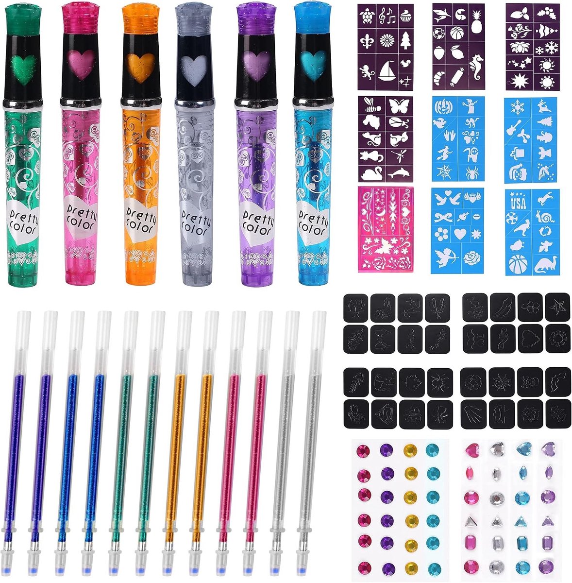 Glitter Tattoo Set voor Kinderen - 6 Tattoo Stiften, 118 Patroonontwerpen, Creatief Speelgoed voor Feestjes en Halloween
