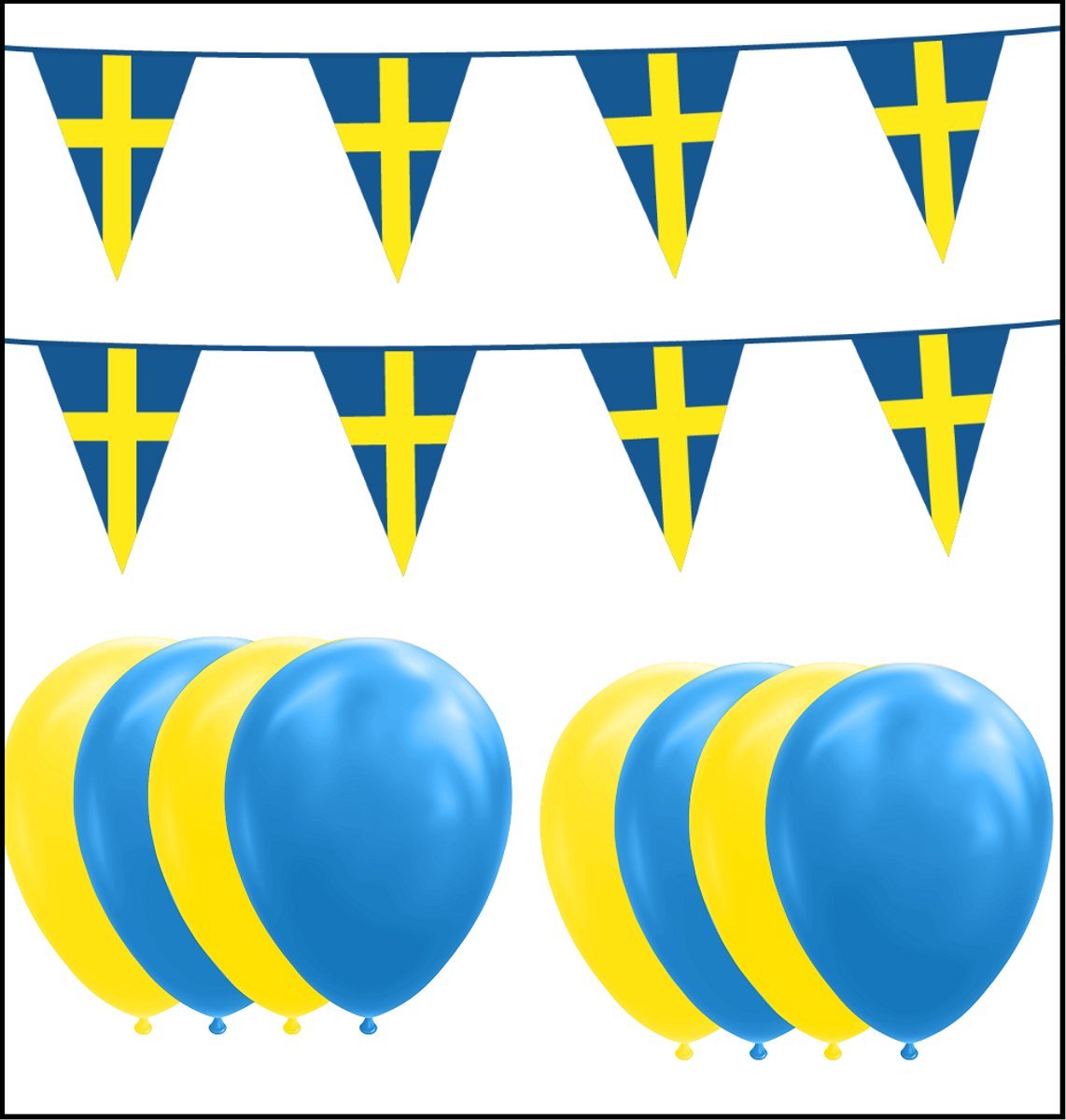 Zweden feestpakket- 2x Vlaggenlijn 10 meter + 20 ballonnen blauw/geel - Versiering Slinger Feestdecoratie Decoratie