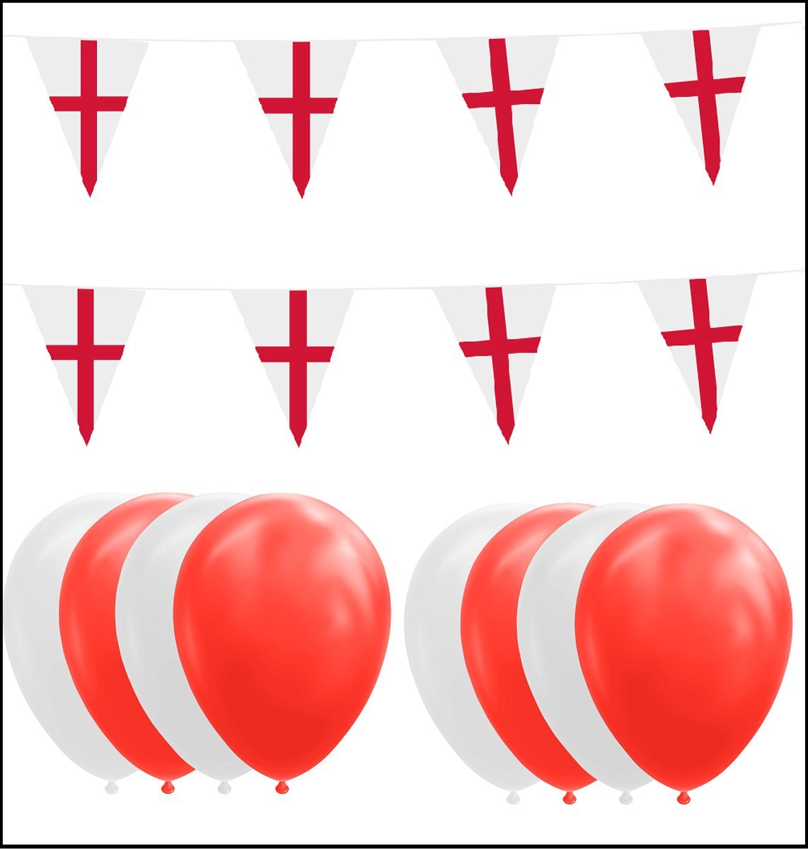 Engeland feestpakket- 2x Vlaggenlijn 10 meter + 20 ballonnen rood/wit - Versiering Slinger Feestdecoratie Decoratie