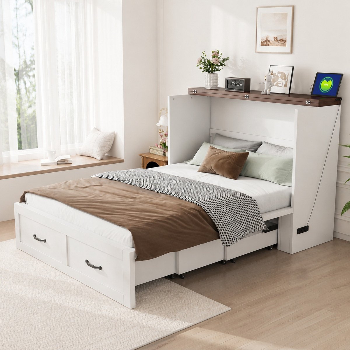 COVREO Opklapbed 140x200 cm wit, hout en metaal, met opbergruimte