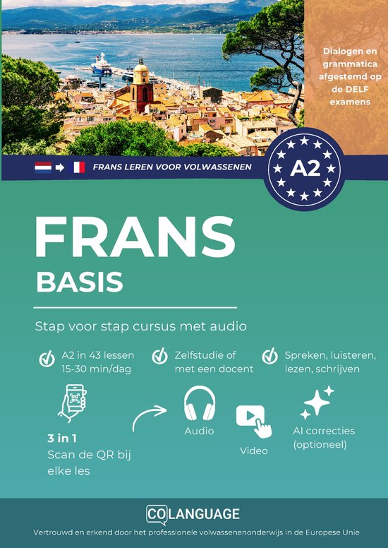 Frans basis, cursus voor volwassenen met audio. Bevat Dialogen en grammatica afgestemd op de DELF examens. A2 niveau, 43 lessen.