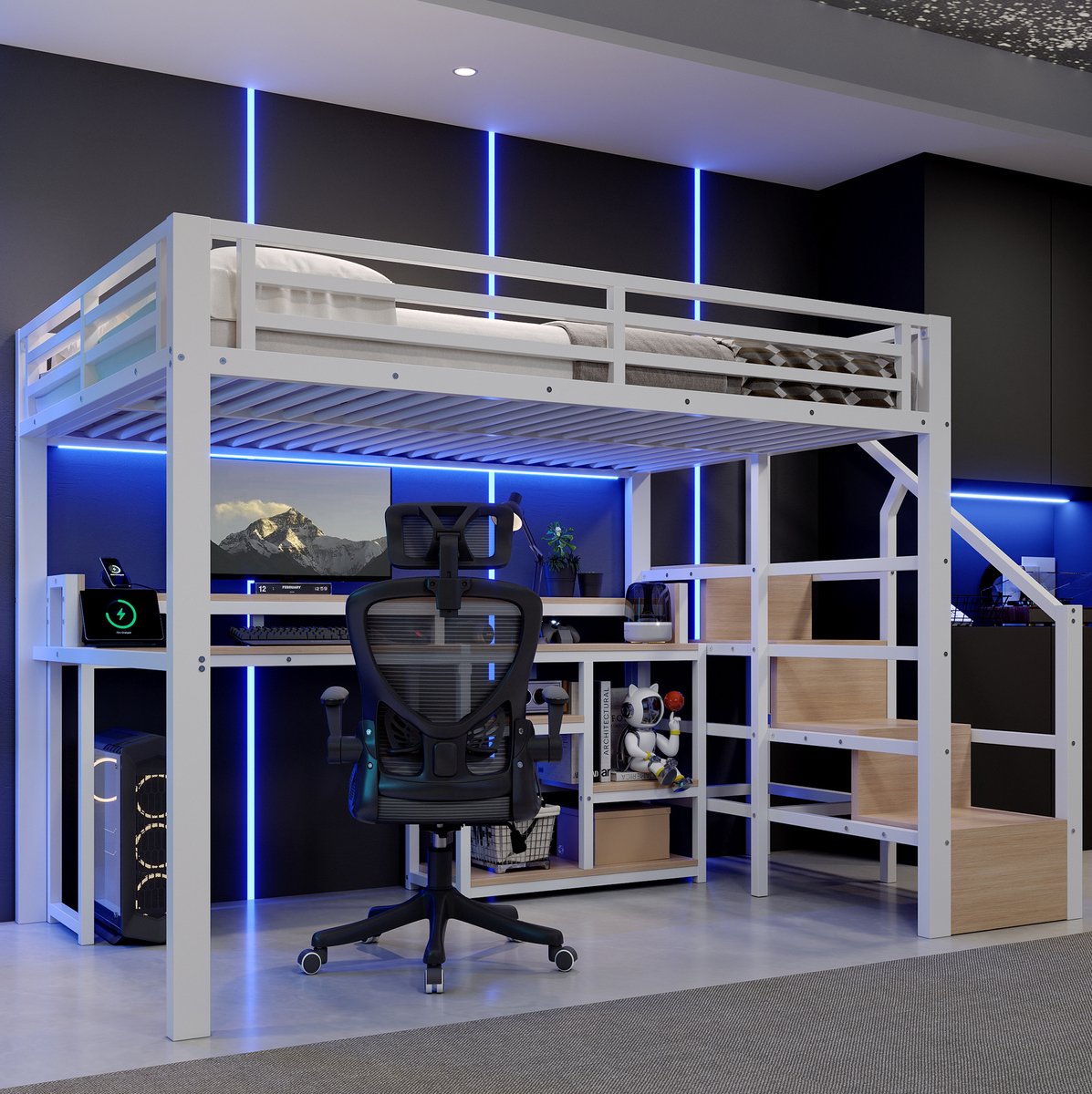COVREO Hoogslaper 140 x 200 cm wit metaal MDF, met bureau en opbergruimte