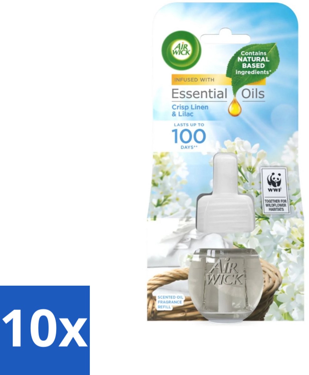 10 x Air Wick - Luchtverfrisser Navulling - Essentiële Oliën - Fris Linnen & Lilac - Elektrische Geurverspreider - 20 ml - Luchtverfrisser - Geurverspreider - Essentiële Oliën - Fris Linnen - Lila Geur