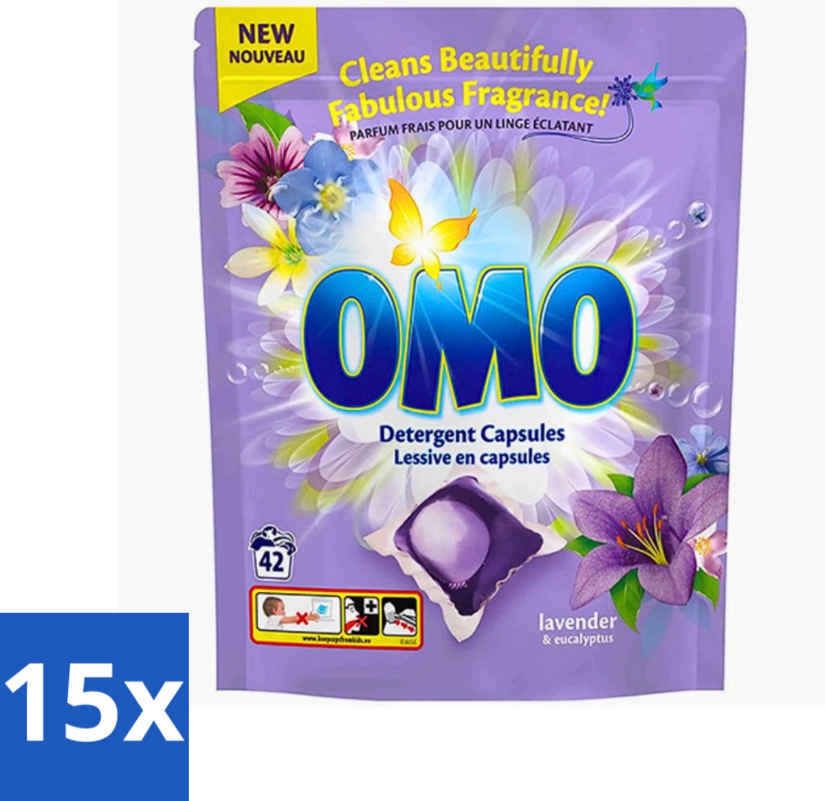 Omo - Wascapsules - Lavendel & Eucalyptus - Krachtige geur - 42 Capsules - Bulkverpakking - 15 stuks