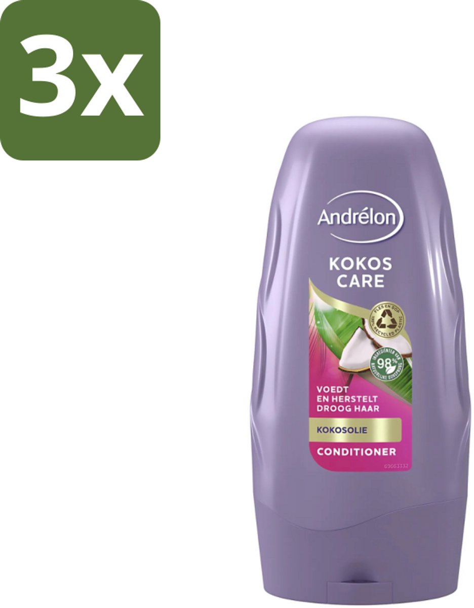 3 x Andrélon - Kokos Care - Conditioner - Diepe Hydratatie - 250 ml - Droog Haar - Beschadigd Haar - Kokosolie - Kokosmelk - Hydraatatie