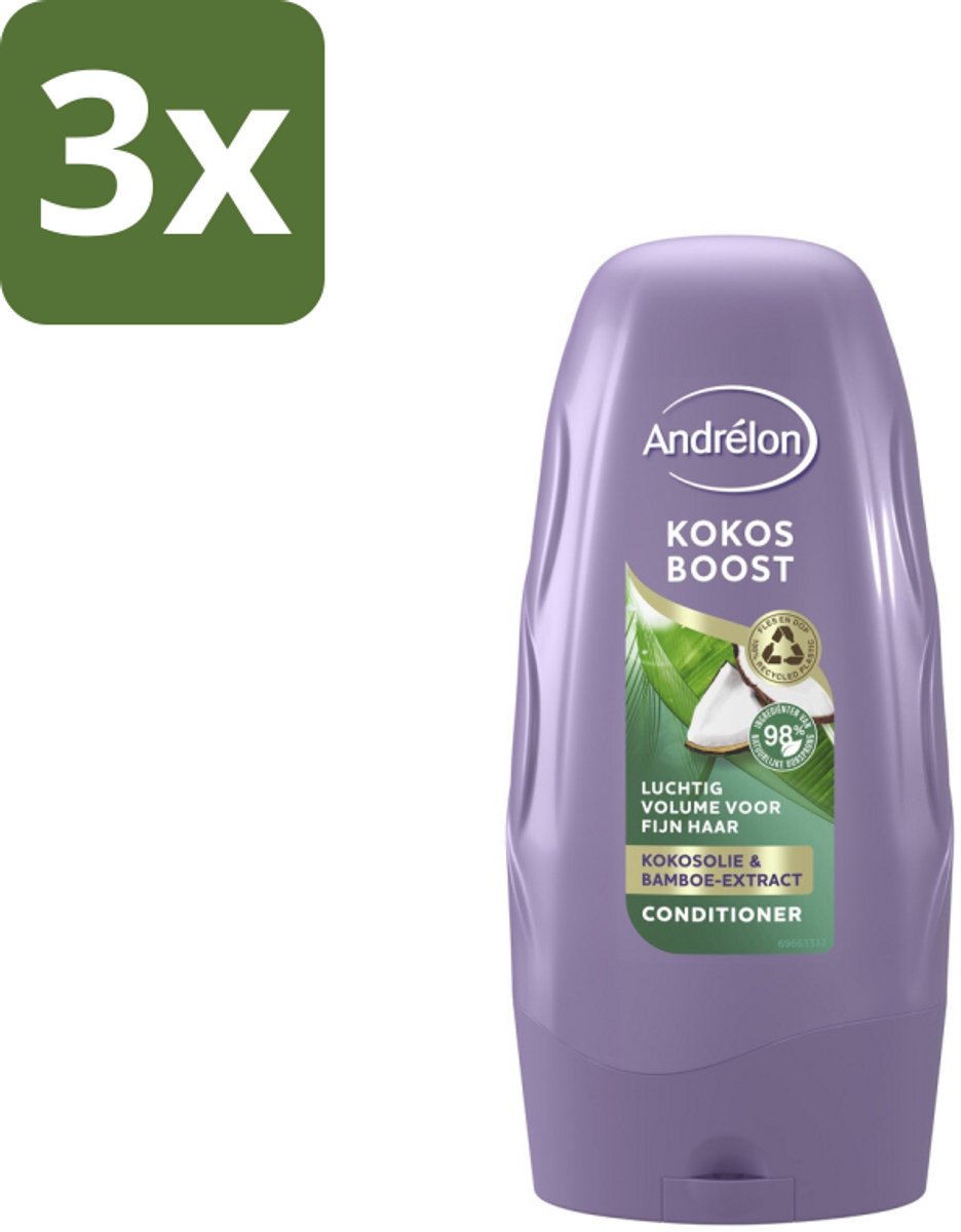 3 x Andrélon - Kokos Boost - Conditioner - Intensieve Voeding - 250 ml - Fijn Haar - Volume - Voeding - Kokosolie - Bamboe-extract