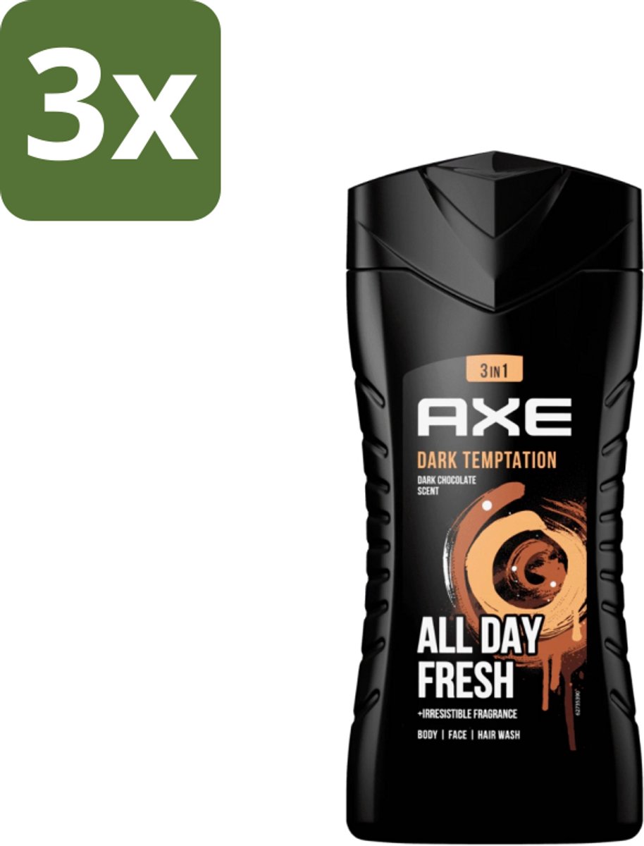 3 x Axe - 3-in-1 Douchegel - Dark Temptation - Dark Chocolate - 250 ml - Douchegel - 3-in-1 - Lichaam - Gezicht - Haar