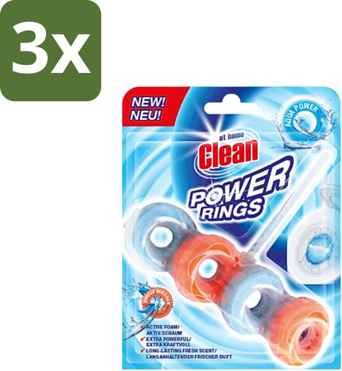 3 x At Home - Clean - Toiletblok - Power Rings - Aqua Power - Extra Sterk - 1 Blok - Toiletblok - Reiniging - Frisheid - Toilet Reinigen - Aqua Geur