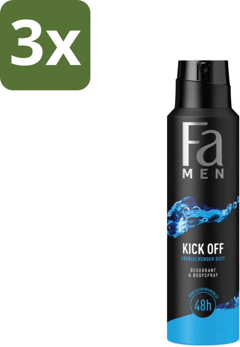 3 x Fa Men - Deodorant Lichaamsspray - Kick-Off - Verfrissend - 48 uur Bescherming - 150 ml - Deodorant Spray - 48 Uur Bescherming - Aluminiumzouten - Verfrissend - Huidvriendelijk