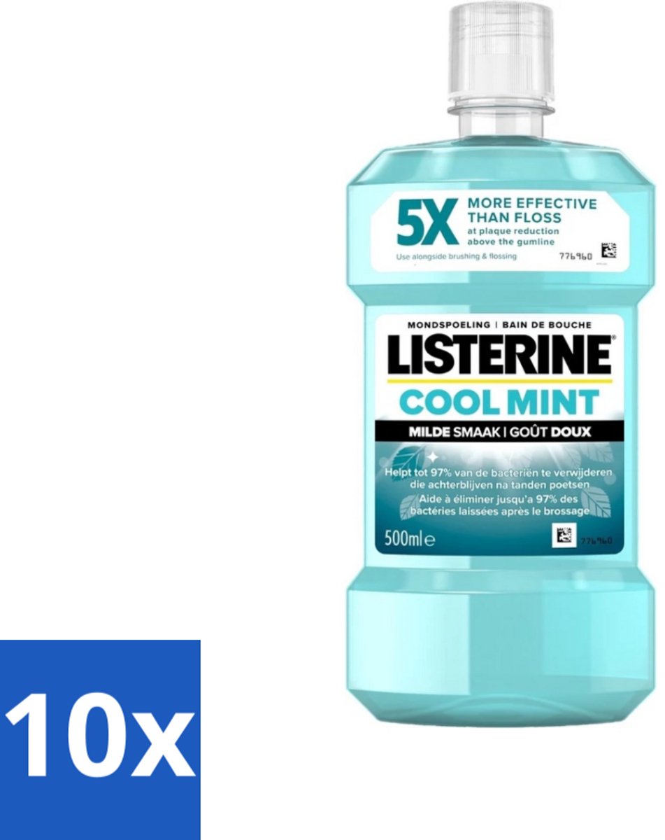 10 x Listerine - Mondwater - Cool Mint - Milde Smaak - 500 ml - Mondspoeling - Mondwater - Mondhygiëne - Tandplak - Tandvlees