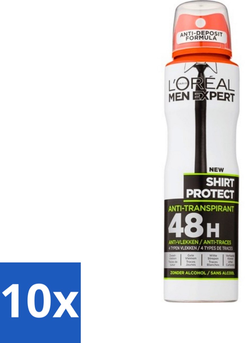 10 x L'Oréal Men Expert Shirt Protect - Deodorant - 150 ml - Deodorant Spray - Deodorant Spray - Anti-zweet - Anti-gele Vlek - Anti-witte Strepen - Kledingbescherming