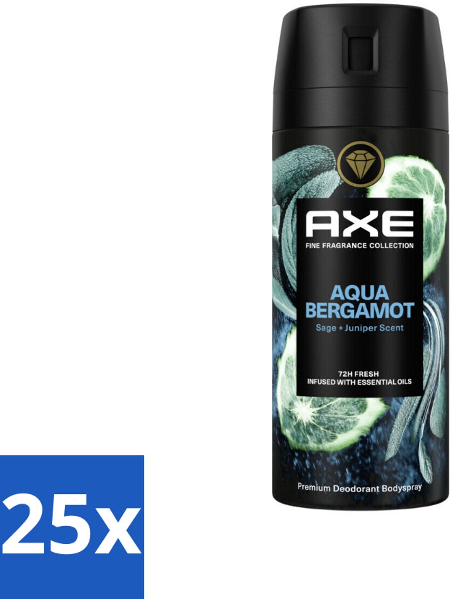 25 x Axe Deodorant Bodyspray Aqua Bergamot 150 ml - Axe Aqua Bergamot - Deodorant Bodyspray - 72 Uur Bescherming - Onweerstaanbare Geur - Premium Geur