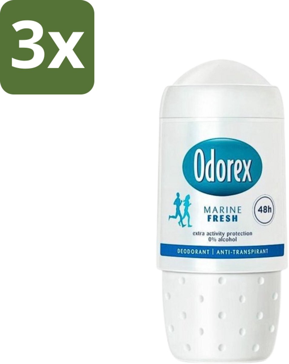 3 x Odorex - Deodorant Roller - Marine Fresh - Verkwikkende Geur - 50 ml - Deodorant Roller - Marine Geur - 48 Uur Bescherming - 0% Alcohol - Dermatologisch Goedgekeurd
