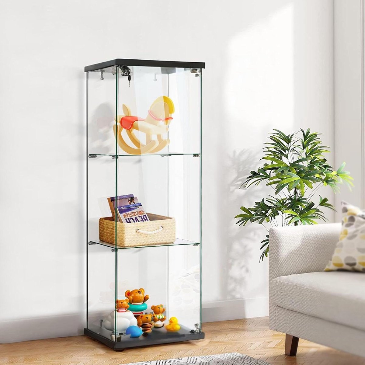 Glazen Vitrinekast - Verzamelkast - Schatten Tonen - Afsluitbare Deur - 125 cm Hoog - Zwart