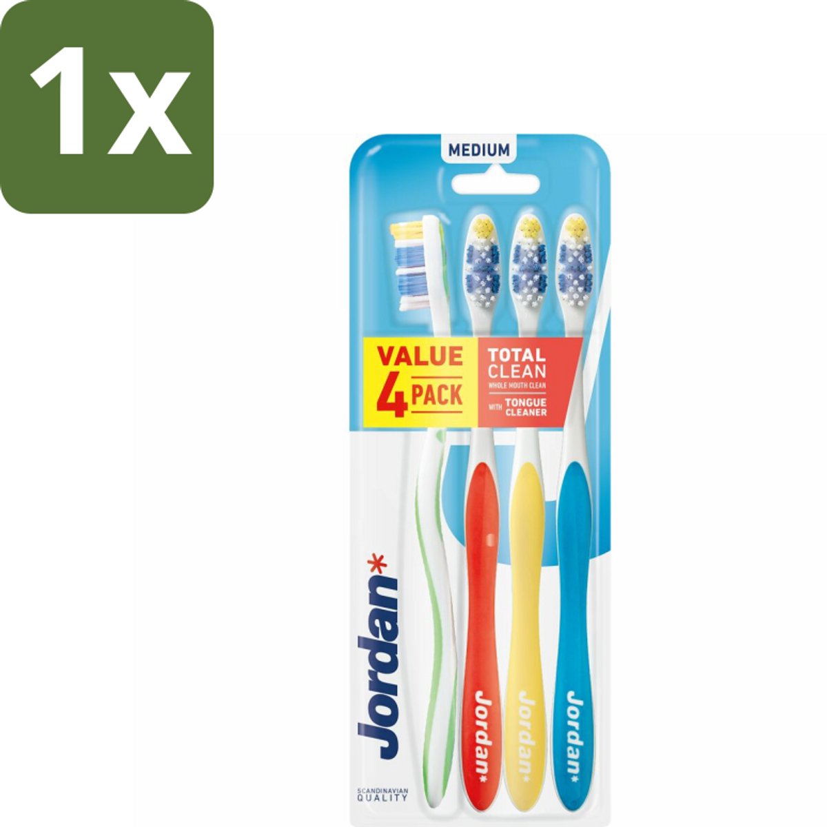 1 x Jordan Tandenborstel Total Clean Medium 4-pack 4 stuks per verpakking - Tandenborstel - Mondverzorging - Tandenborstel Set - Tandenborstel Medium - Tandenborstel Voor Gezin