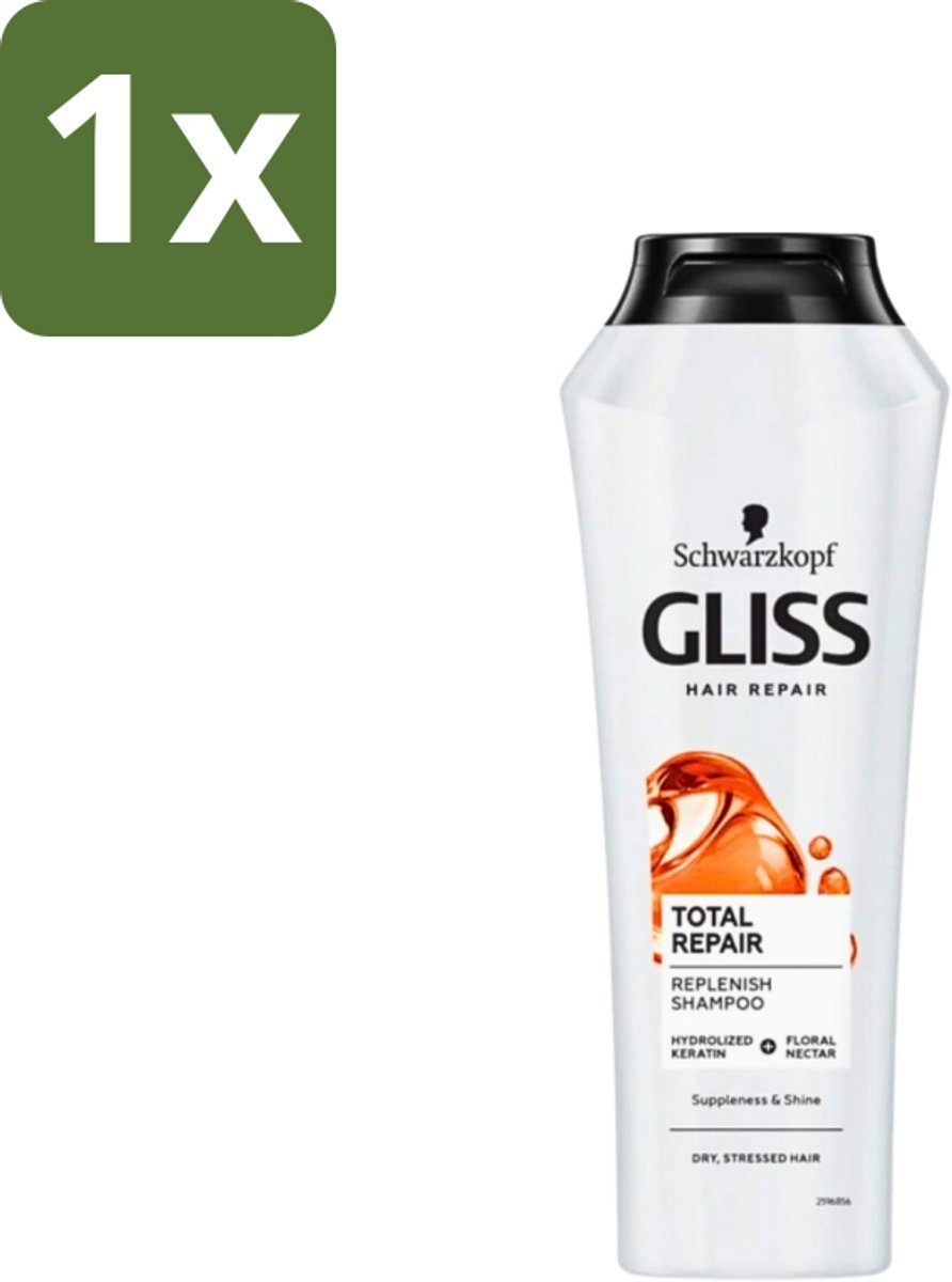 1 x Gliss-Kur - Shampoo - Total Repair - Herstelt & Versterkt - Gehydroliseerd - 400 ml - Herstel Haar - Versterk Haar - Beschadigd Haar - Gespleten Haarpunten - Gezonde Glans