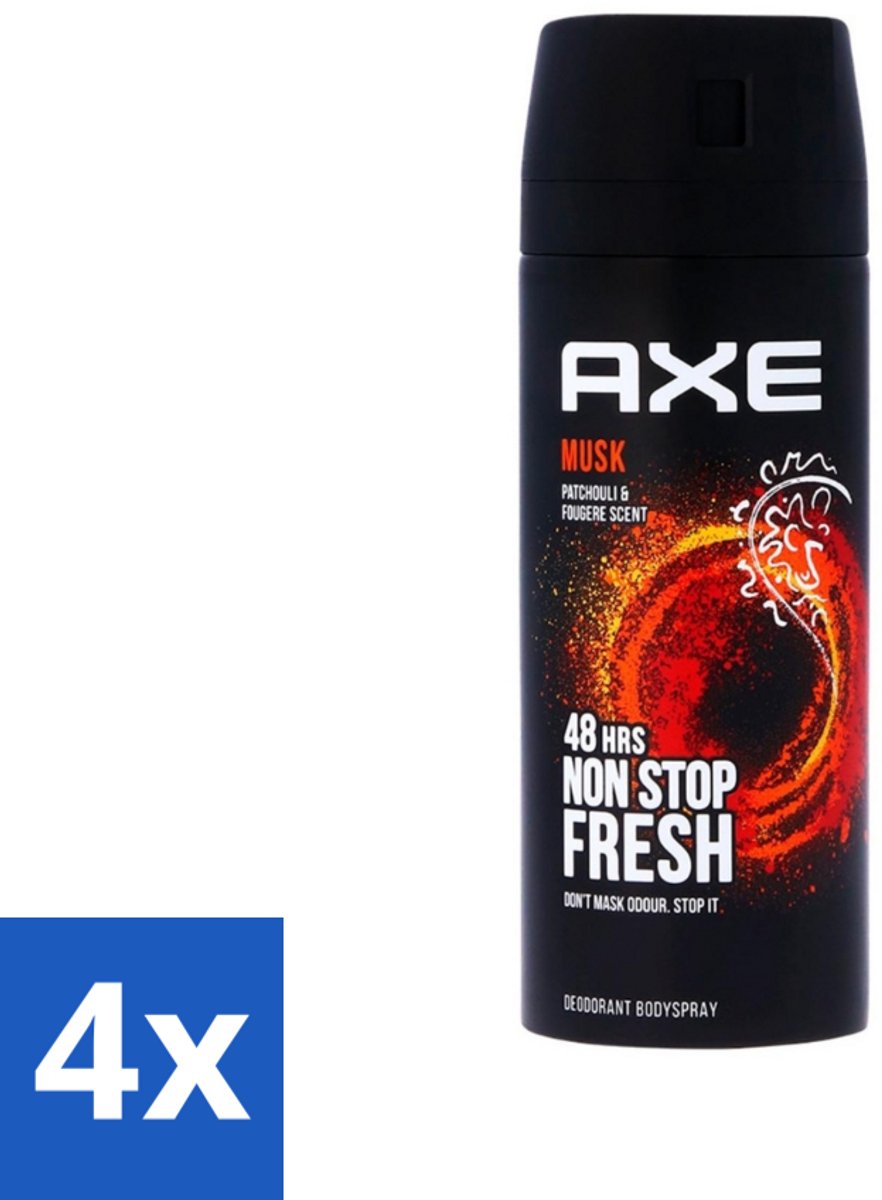 4 x Axe - Deodorant Bodyspray - 48hrs Non Stop Fresh - Musk - Patchouli & Fougere - 150 ml - Axe Musk Deodorant Bodyspray - Musk Geur - Deodorant Spray - Lichaamsgeur - Geurbescherming
