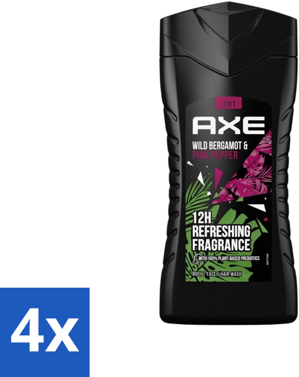 4 x Axe - 3-in-1 Douchegel - Wild Bergamot & Pink Pepper - 100% Plantaardig - 250 ml - Douchegel - Geur - Lichaam - Gezicht - Haar