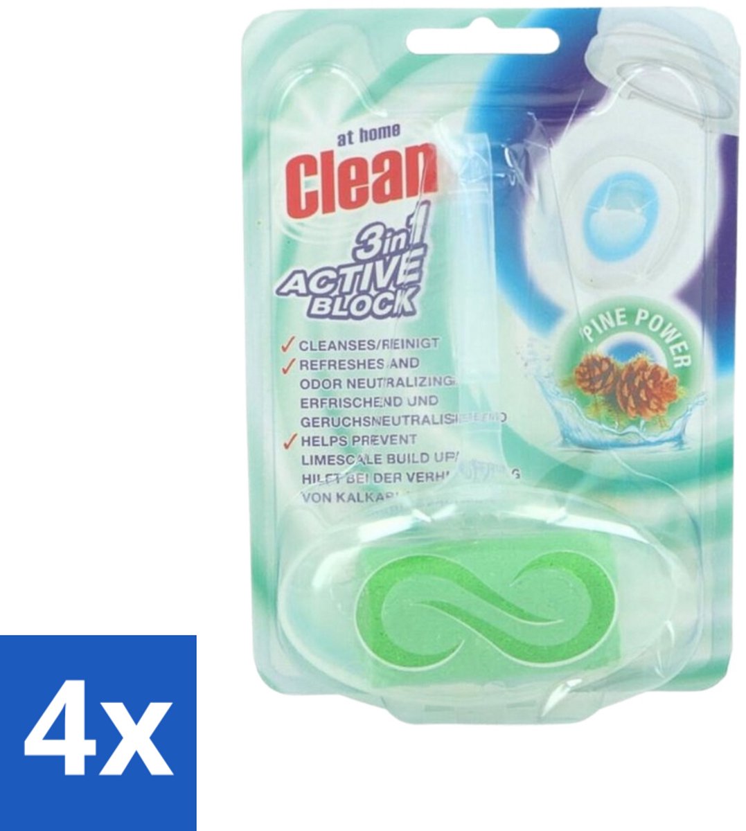 4 x At Home - Clean - Toiletblok - 3in1 Active - Pine Power - Neutraliseert & Reinigt - 1 Blok - Toiletblok - Toilet Reinigen - Toilet Fris - Toilet Neutraliseren - Toilet Reinigingsblok