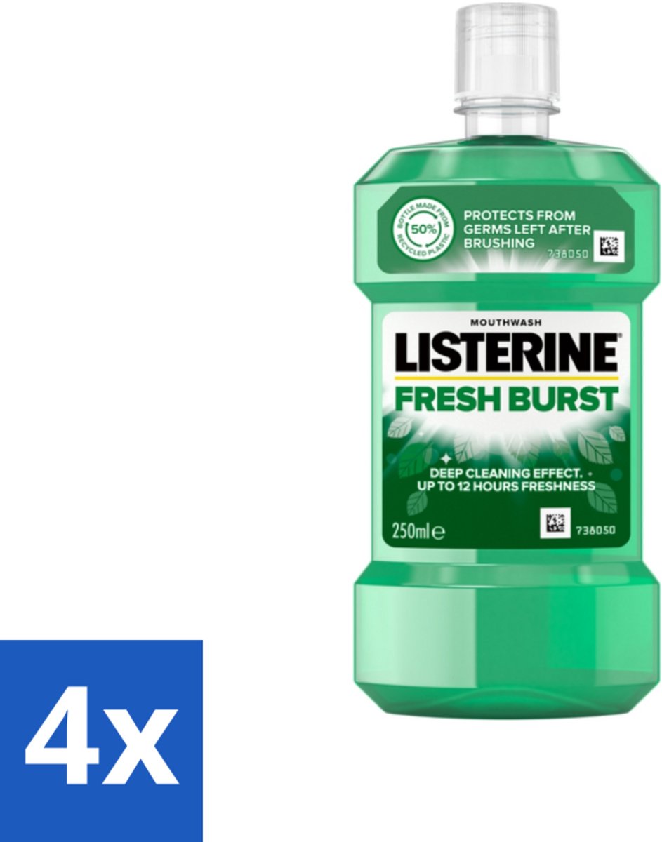 4 x Listerine - Mondwater - Fresh Burst - 250 ml - Mondwater - Mondspoeling - Antibacterieel Mondwater - Frisse Adem - Tandplak