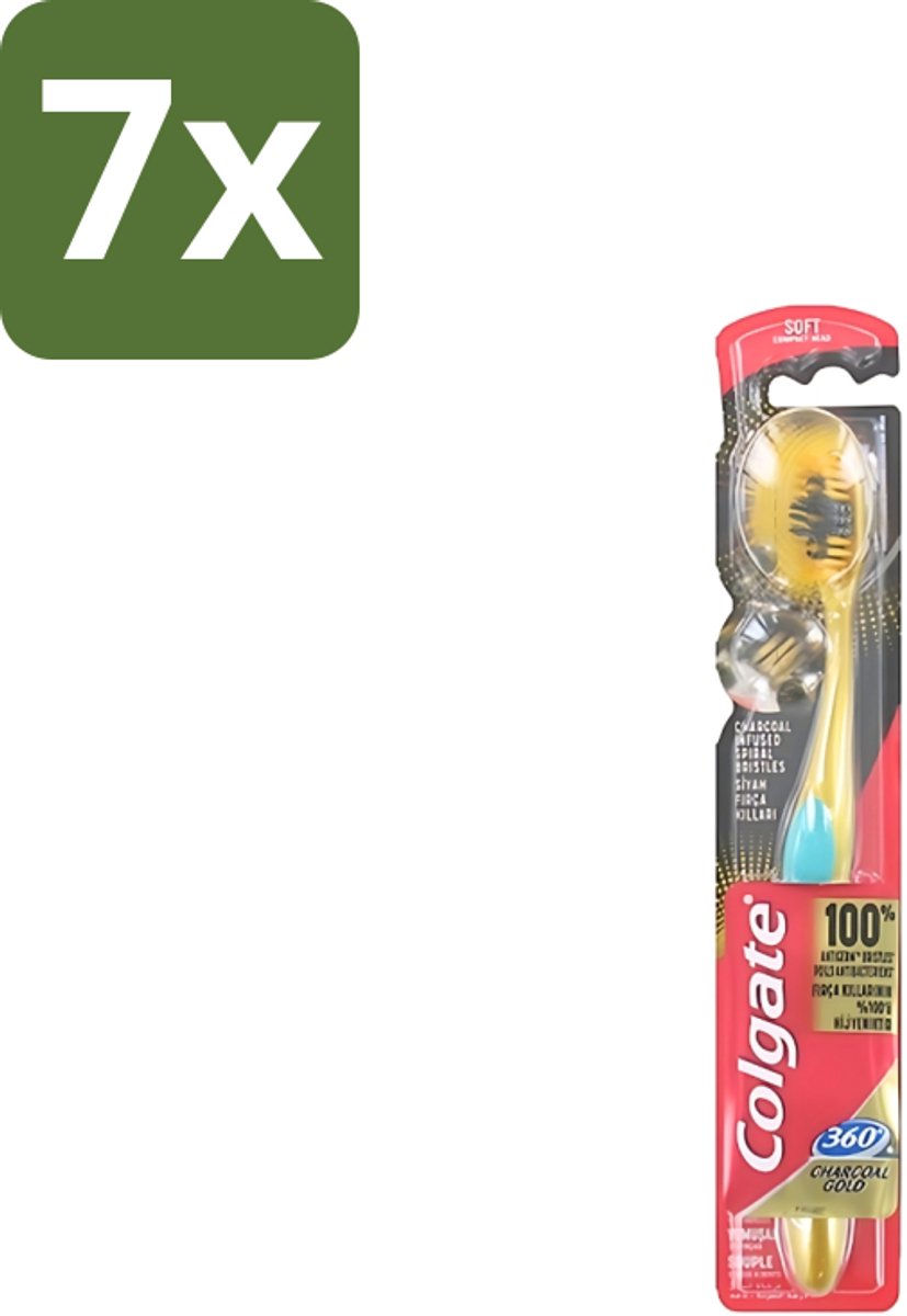 7 x Colgate - Tandenborstel - 360 Charcoal Gold Soft - Zwart/Goud - 1 Tandenborstel - Tandenborstel - Houtskool - Tanden Reinigen - Tanden Witter Maken - Tandenborstel Zacht