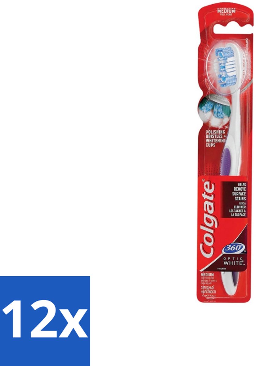 12 x Colgate - Tandenborstel - 360 Optic White Medium- Wit - 1 Tandenborstel - Tandenborstel - Wittere Tanden - Mondverzorging - Tanden Reinigen - Tong Reinigen
