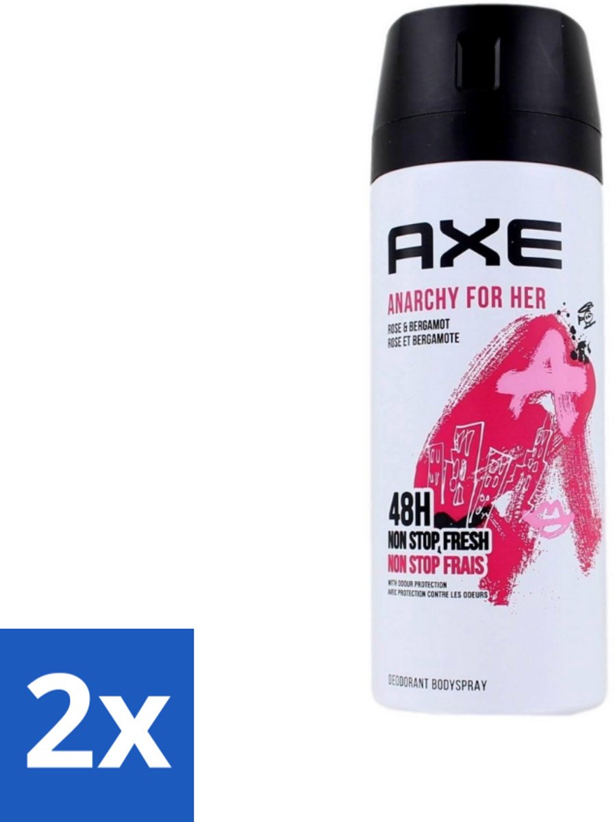 2 x Axe - Deodorant Bodyspray - 48hrs Non Stop Fresh - Anarchy For Her - Rose & Bergamot - 150 ml - Axe Anarchy For Her - Deodorant - Roos En Bergamot - Frisse Geur - Vrouwelijkheid