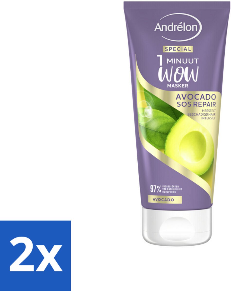 2 x Andrélon 1 Minuut Wow Masker Avocado SOS Repair 180 ml - 1 Minuut Herstel - Beschadigd Haar Herstel - Avocado Haarmasker - Haarmasker 1 Minuut - Haarmasker Voor Beschadigd Haar