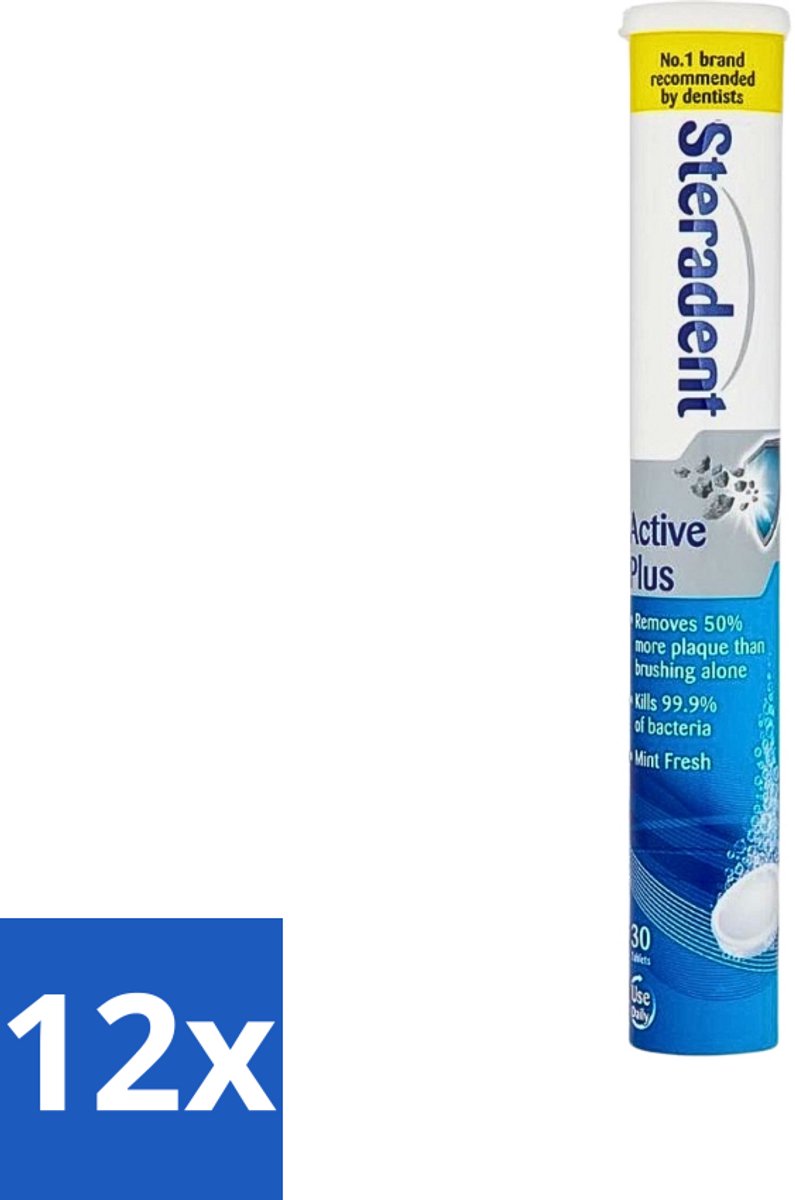 12 x Steradent - Reinigingstabletten - Active Plus - Tegen Tandsteen & Bacteriën - 30 Tabletten - Kunstgebit Reinigen - Tandsteen Verwijderen - Mondhygiëne - Bacteriën Doden - Adem Verfrissen