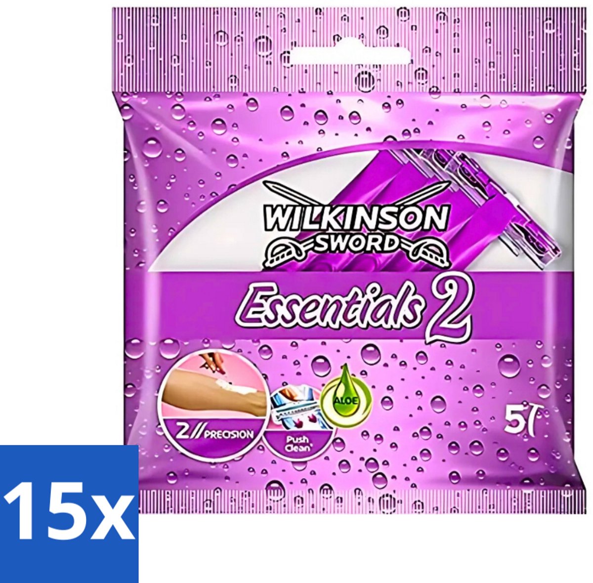 15 x Wilkinson - Wegwerpscheermesjes Essentials 2 - Voor Dames - Antislip Greep - 5 scheermesjes - Wegwerpscheermesjes - Scheermesjes Voor Dames - Antislip Handgreep - Scherpe Mesjes - Dagelijks Gebruik